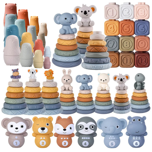 1Set Soft Silicone Building Blocks Stacking Blocks Baby Toy Round Shape Silicone Construction Toy Rubber Teethers Montessori Toy